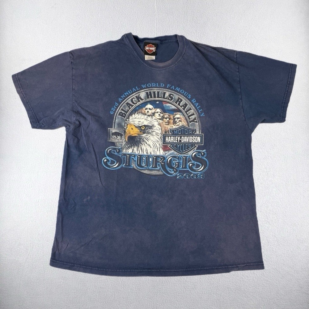 Vintage 2003 Harley Davidson Sturgis Black Hills Rally T Shirt XL Blue USA